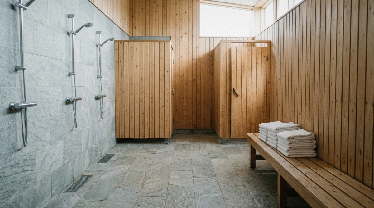 The changing room and shower stall corridor at Laugarás Lagoon, where Icelandic pool rules and shower etiquette require washing before entering the water