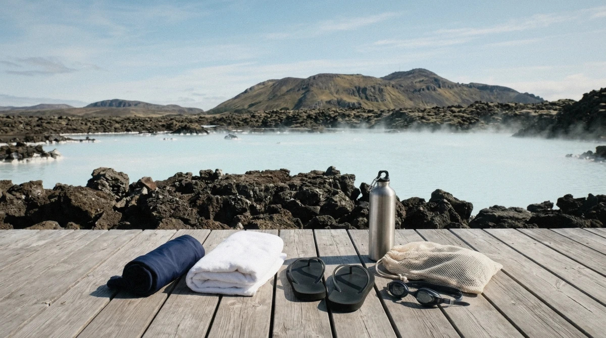 A swimsuit, a locker wristband and a small dry bag laid out on a bench before a visit to Laugarás Lagoon, Iceland's geothermal bathing lagoon