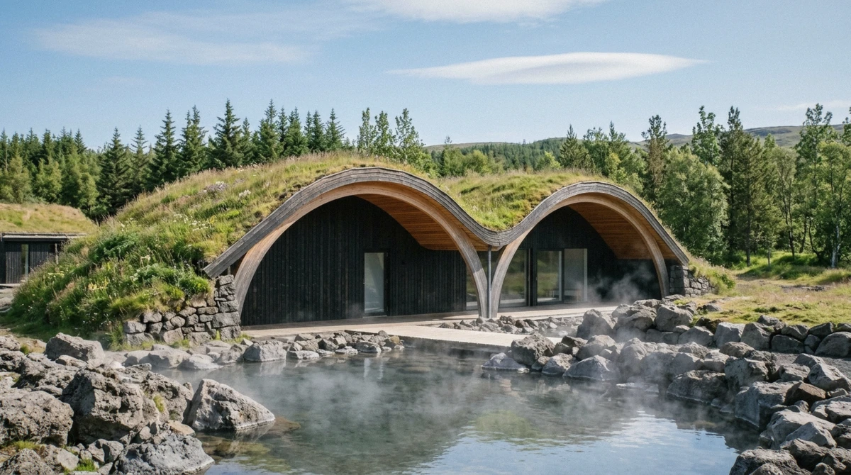 Turf-roofed timber arches and steaming water at Laugarás Lagoon at the end of a Golden Circle tour in South Iceland