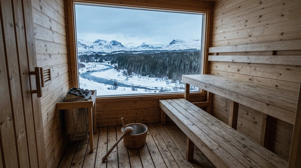 Sauna and changing facilities at Laugarás Lagoon, where the shower rule applies before anyone enters the water