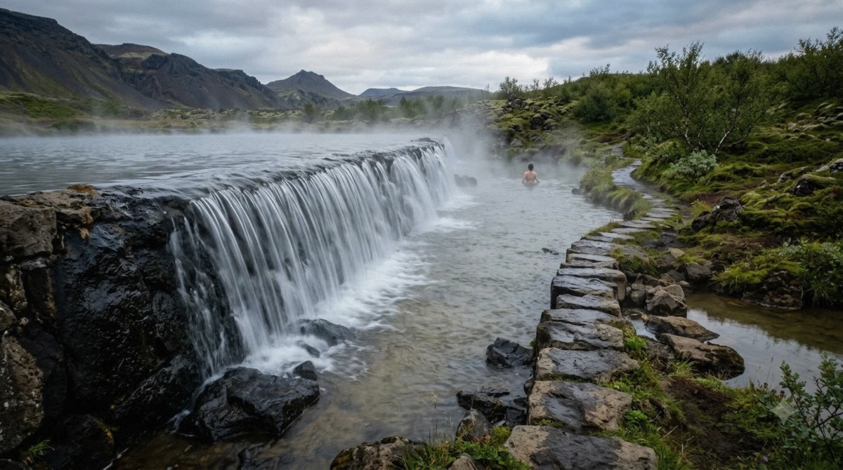 Water spilling over the weir between the two levels at Laugarás Lagoon, the day-one stop on the Iceland 3 day wellness tour