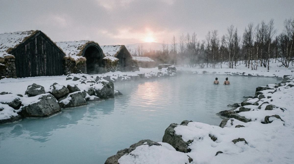 Steam over the geothermal water at Laugarás Lagoon in winter at the end of a Golden Circle tour, snow on the lava boulders around the rim